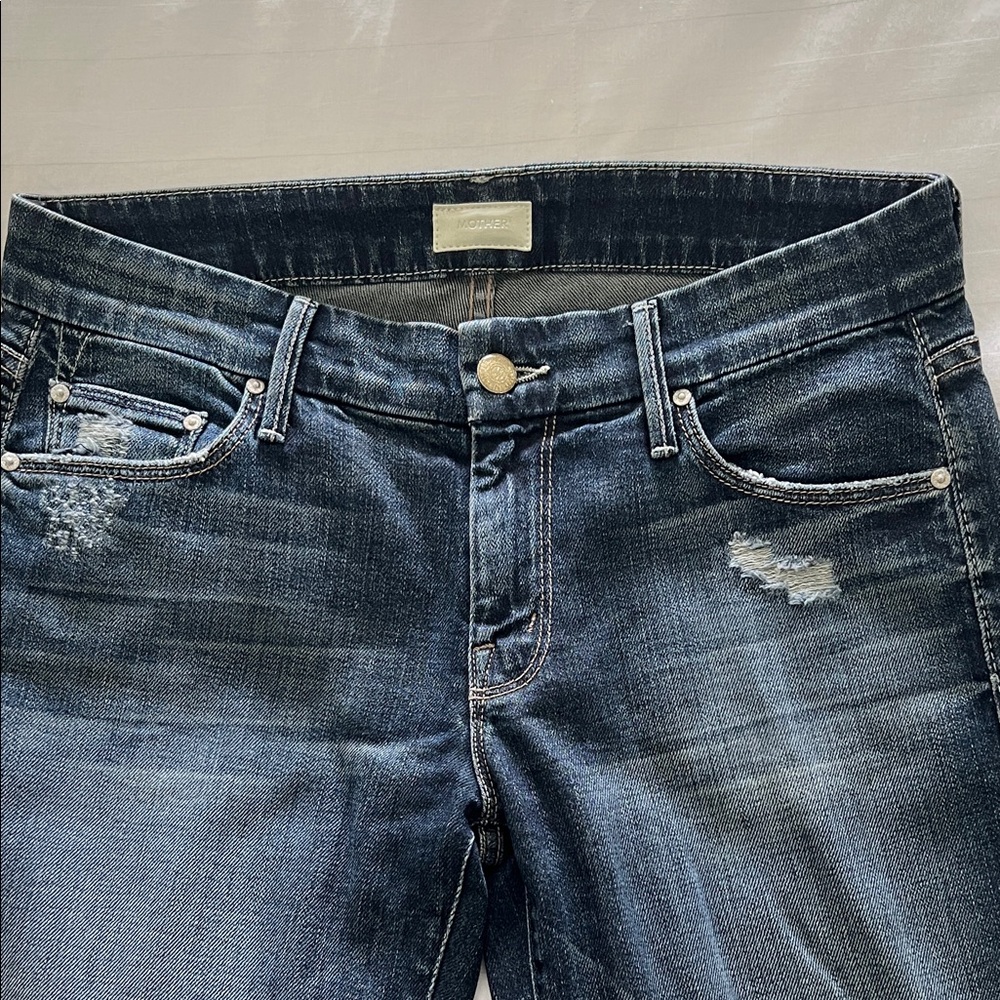 MOTHER Women's Distressed Dark Blue Skinny Jeans - Picture 3 of 13